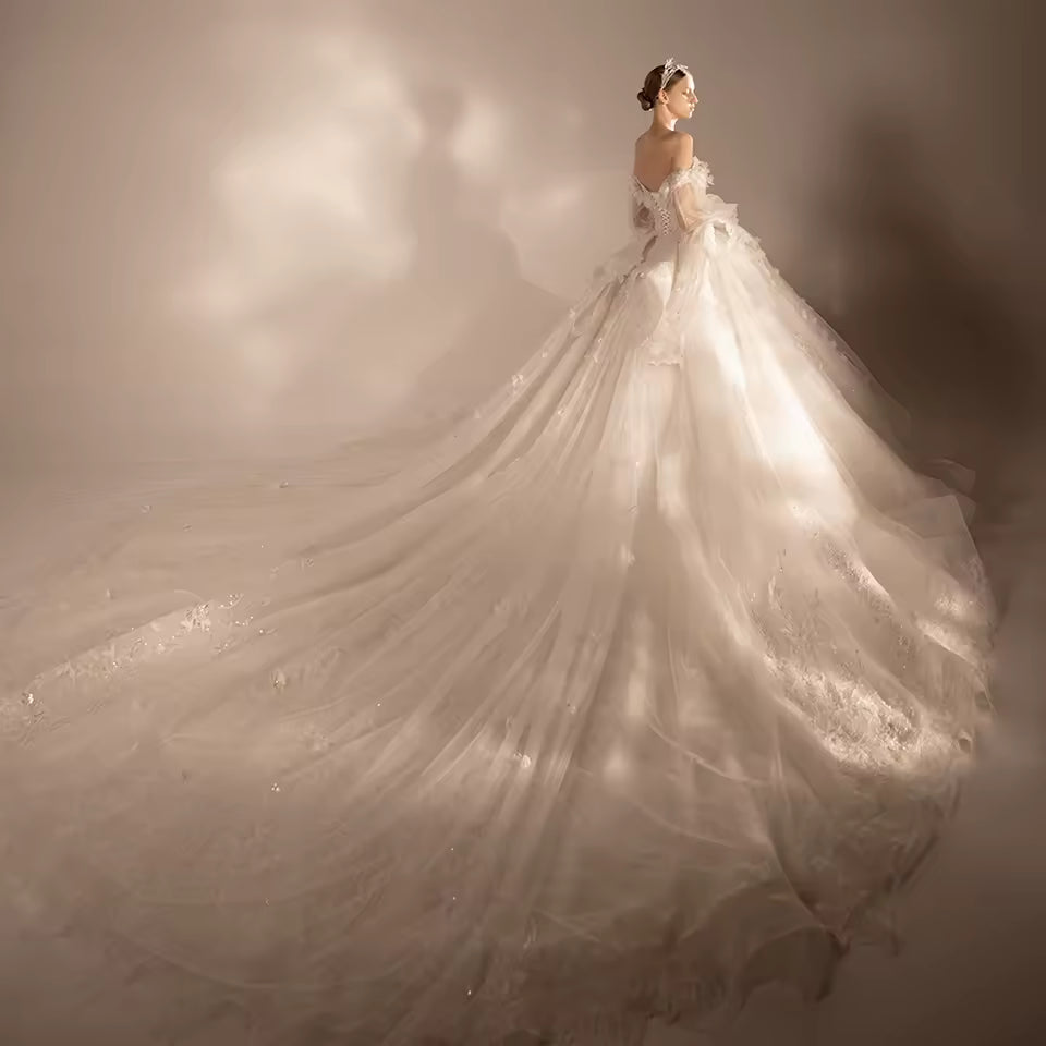 Elegant Off-Shoulder Appliqued Flower Ball Gown Wedding Dress