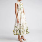 2025 Summer Advanced Design Beige Sleeveless Maxi Dress with Bow Belt and Turn-Down Collar