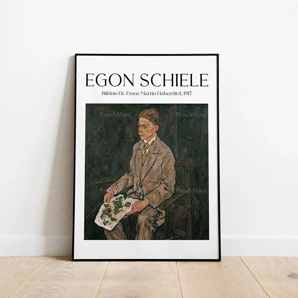Egon Schiele - Self-portrait with head bowed, self-portrait with physalis, portrait of Dr. Hugo Kohler decorating poster