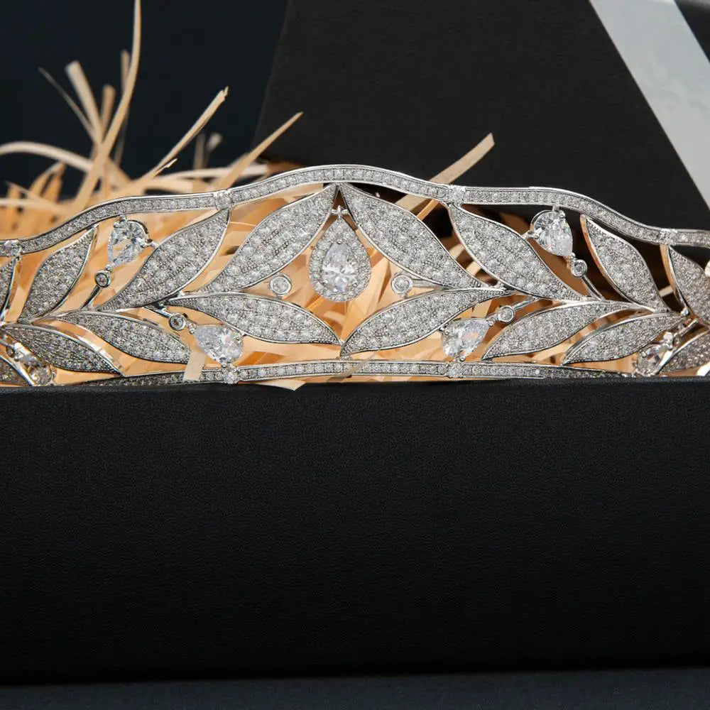 Cubic Zirconia Leaves Royal Replica Tiara  Elegant Crystal Princess Diadem for Weddings, Prom & Parties