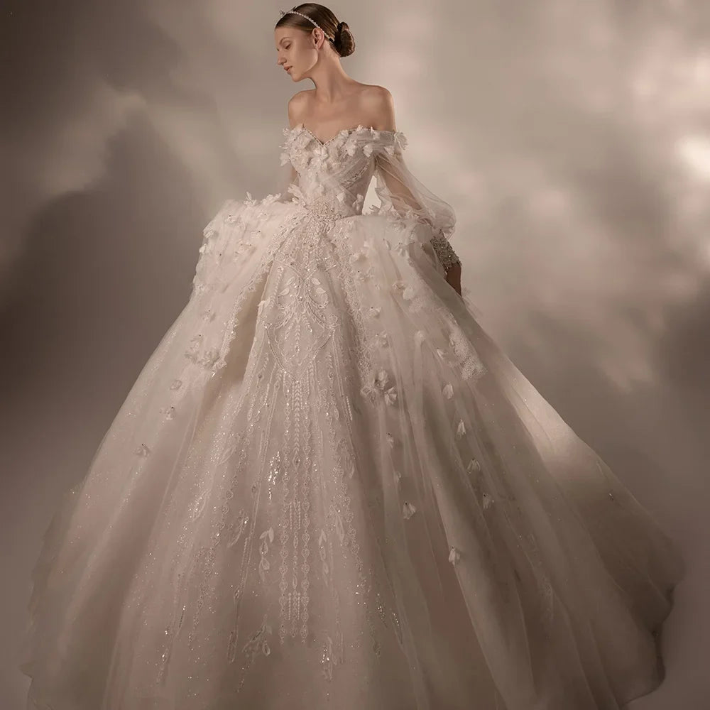 Elegant Off-Shoulder Appliqued Flower Ball Gown Wedding Dress