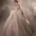 Elegant Off-Shoulder Appliqued Flower Ball Gown Wedding Dress