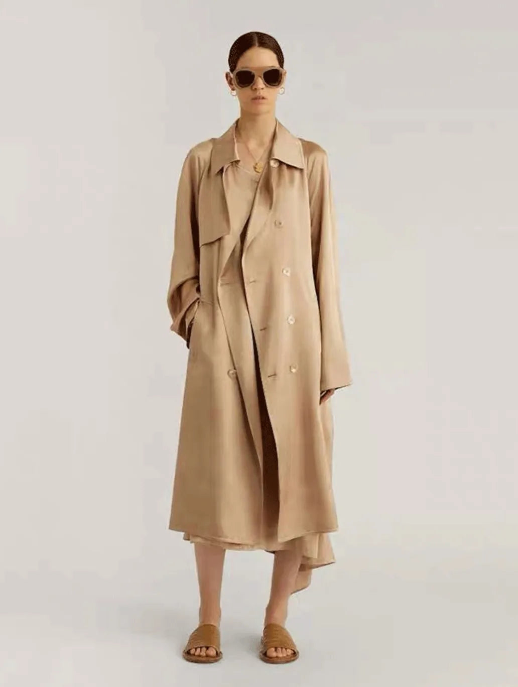 Effortless Chic Gloss 100% Heavy Silk Satin Champagne Double Breasted Belted Trench Elegant Turn-Collar Long Coat Event Outwear