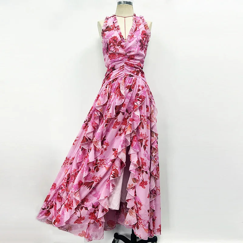 2026 Sexy Halter Floral Maxi Dress  -  Sleeveless Fit & Flare Party Gown with Ruffles
