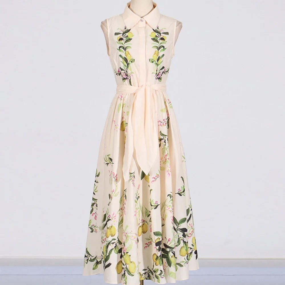 2025 Summer Advanced Design Beige Sleeveless Maxi Dress with Bow Belt and Turn-Down Collar