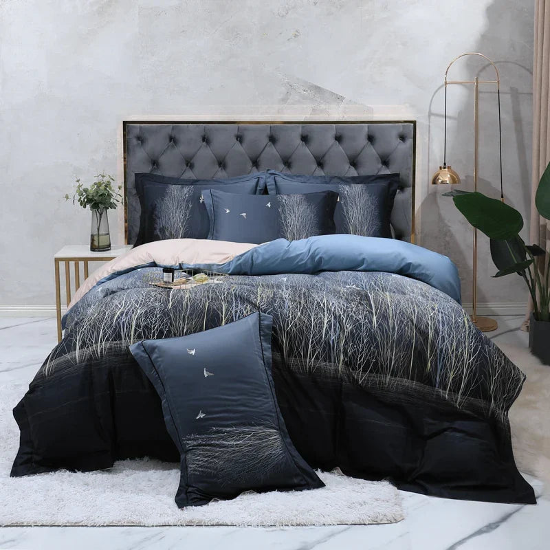 Wild Whimsy 600 TC Floral Cotton Duvet Set - Navy Blue