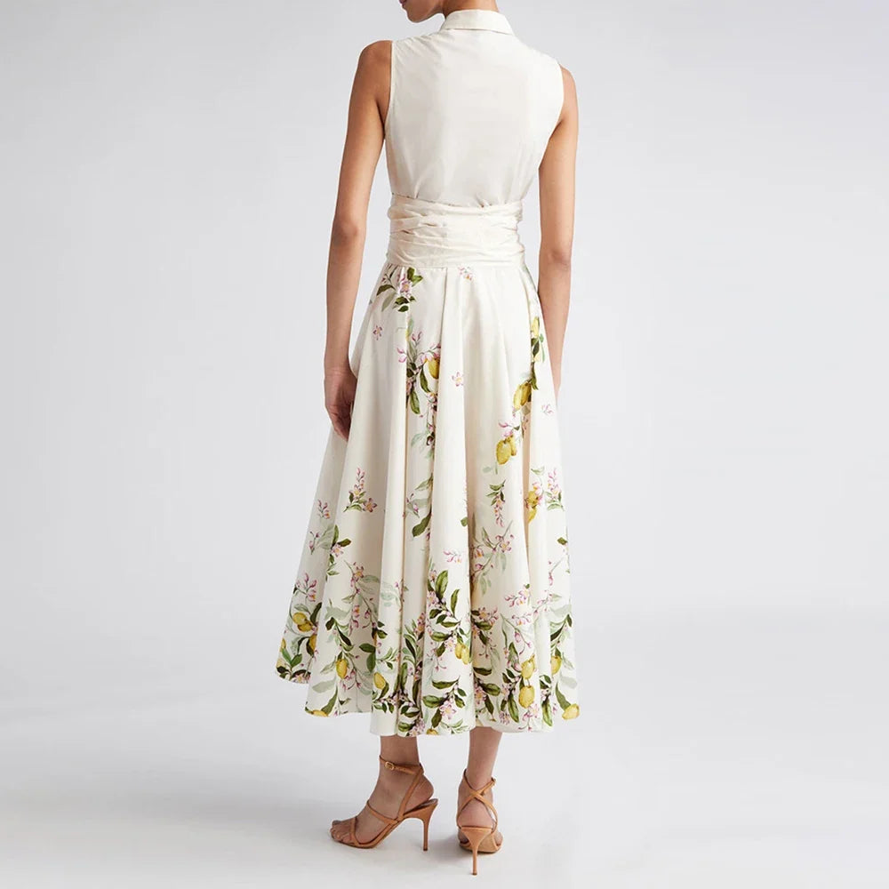 2025 Summer Advanced Design Beige Sleeveless Maxi Dress with Bow Belt and Turn-Down Collar