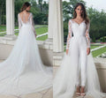 Full Lace Bridal Jumpsuit – Long Sleeve Jewel Neck with Detachable Train, Custom Made
