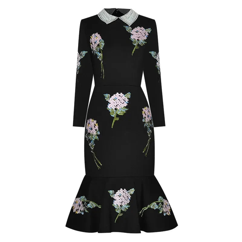 Autumn Runway Elegant Black Mermaid Dress – Beaded Turn-Down Collar, Rose Embroidery, Hot Drilling, Slim Fit Package Hip Women’s Dress
