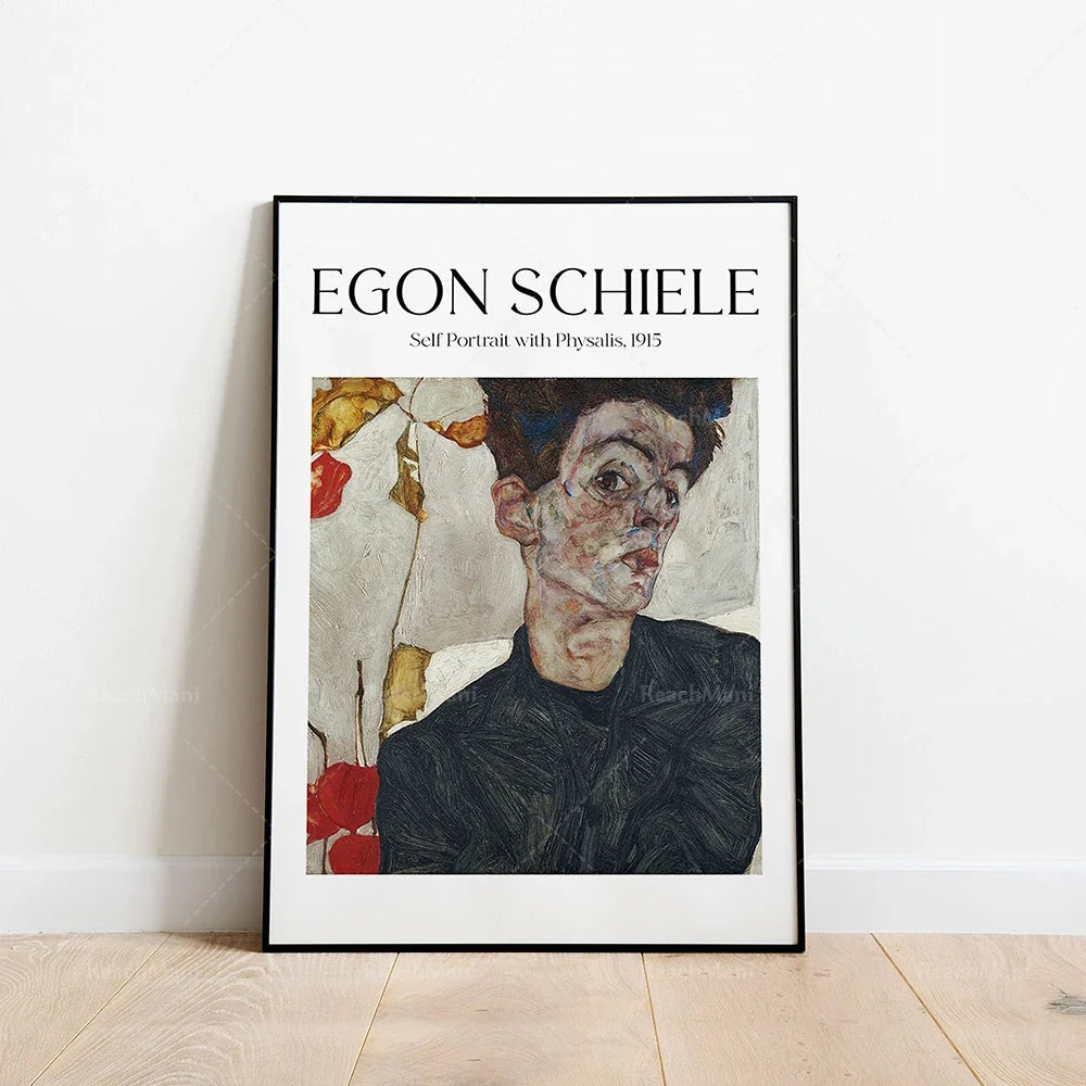 Egon Schiele - Self-portrait with head bowed, self-portrait with physalis, portrait of Dr. Hugo Kohler decorating poster