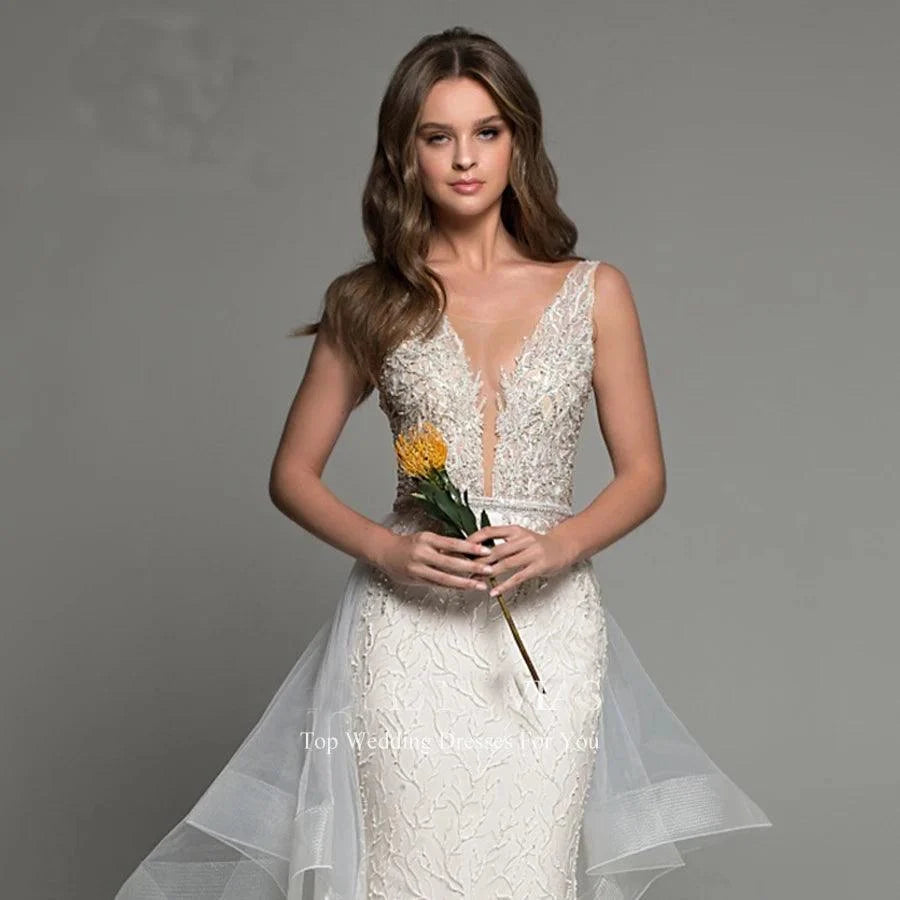 Sexy Mermaid Wedding Dress – Detachable Train, Beaded V-Neck & Backless Design, Custom Made