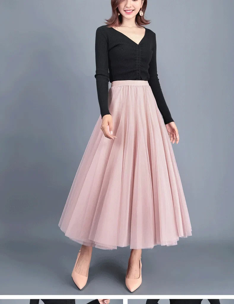 Elegant Beige Tulle Maxi Skirt – High Waist A-Line Mesh Long Skirt for Women