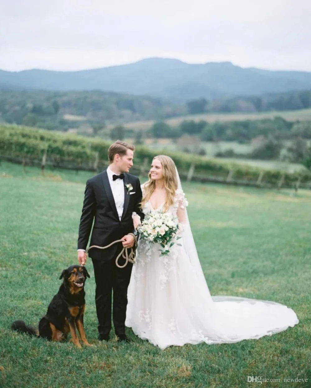 Bohemian Lace Wedding Dress – Deep V-Neck & Long Sleeves, Custom Made