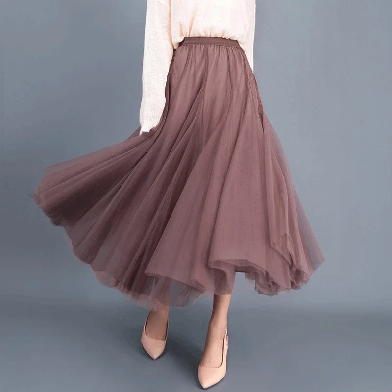 Elegant Beige Tulle Maxi Skirt – High Waist A-Line Mesh Long Skirt for Women