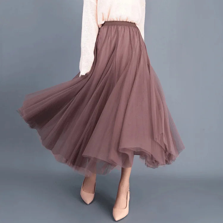 Elegant Beige Tulle Maxi Skirt – High Waist A-Line Mesh Long Skirt for Women