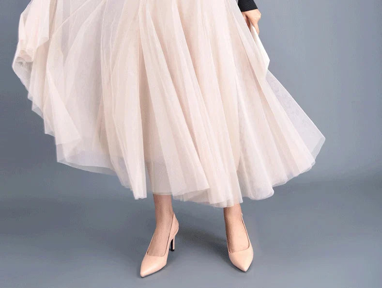 Elegant Beige Tulle Maxi Skirt – High Waist A-Line Mesh Long Skirt for Women