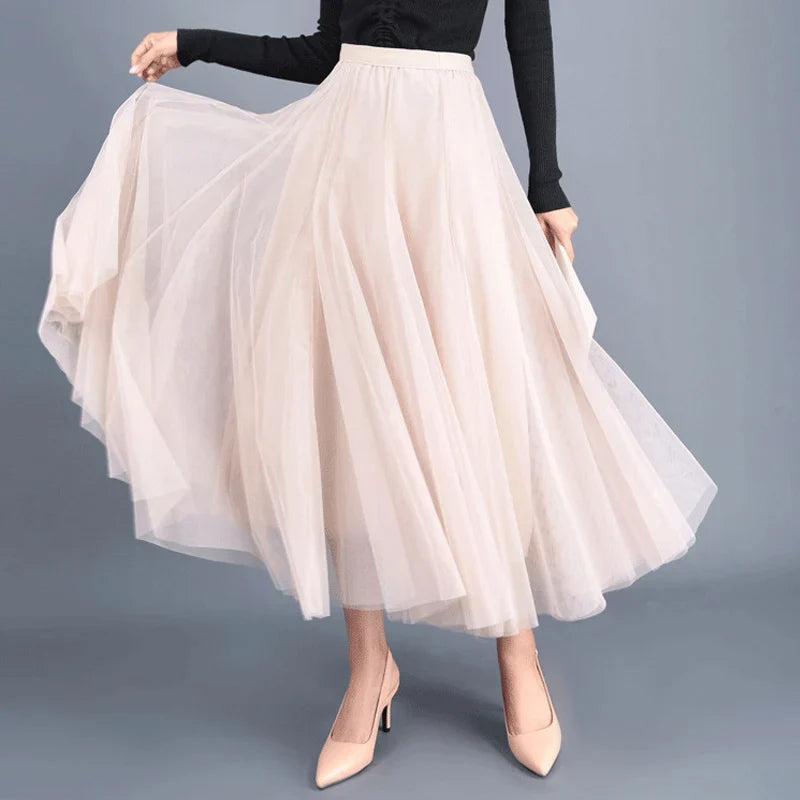 Elegant Beige Tulle Maxi Skirt – High Waist A-Line Mesh Long Skirt for Women