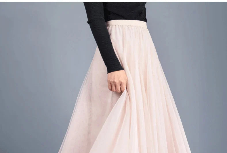 Elegant Beige Tulle Maxi Skirt – High Waist A-Line Mesh Long Skirt for Women