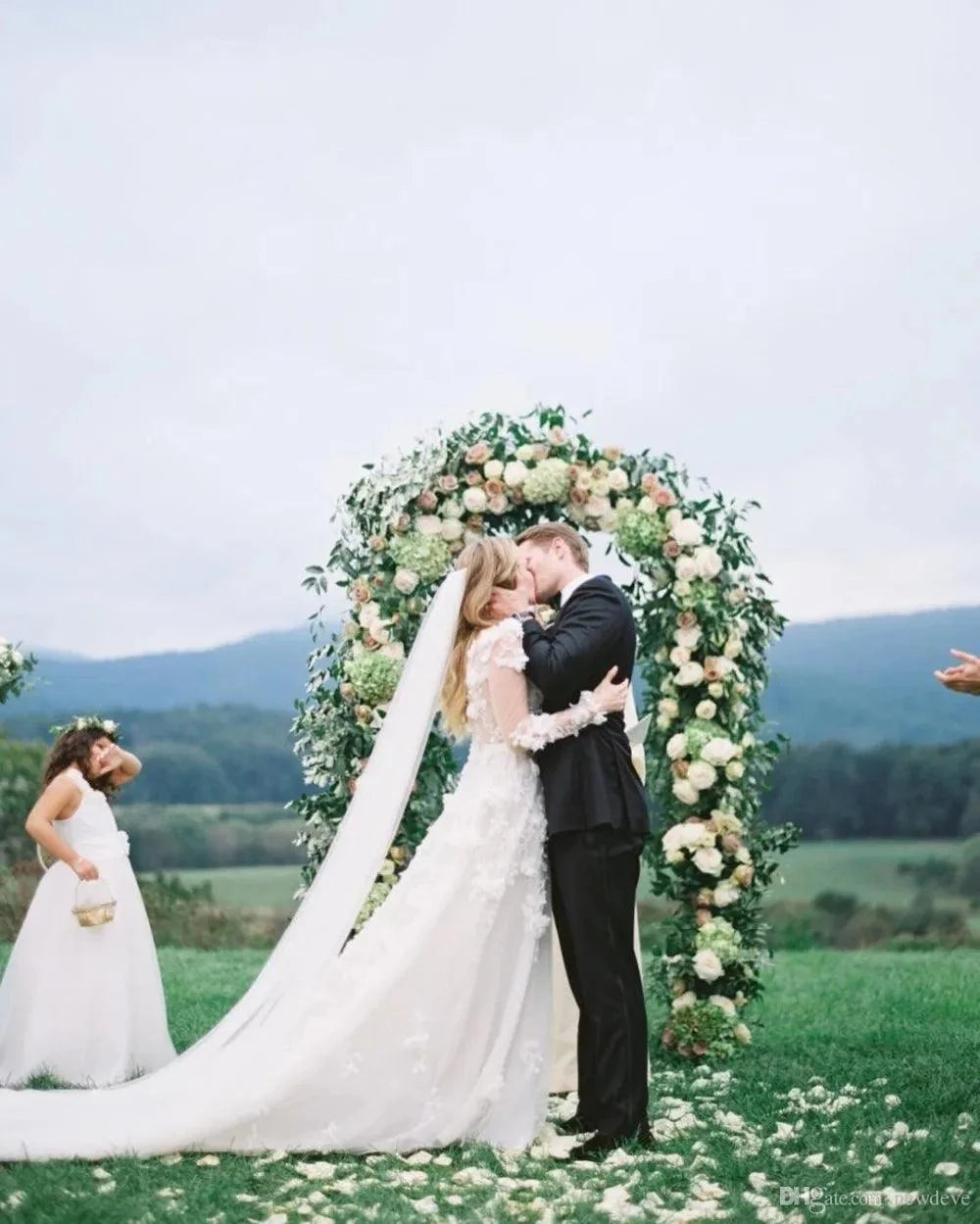 Bohemian Lace Wedding Dress – Deep V-Neck & Long Sleeves, Custom Made