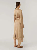 Effortless Chic Gloss 100% Heavy Silk Satin Champagne Double Breasted Belted Trench Elegant Turn-Collar Long Coat Event Outwear