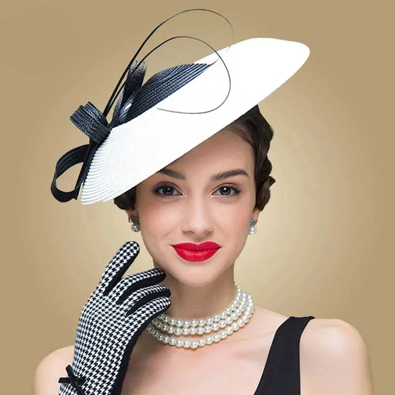 Fascinators Black and White Wedding Pillbox Hat for Women – Vintage Straw Fedora, Elegant Church Dress Hat, Sinamay Derby Hat