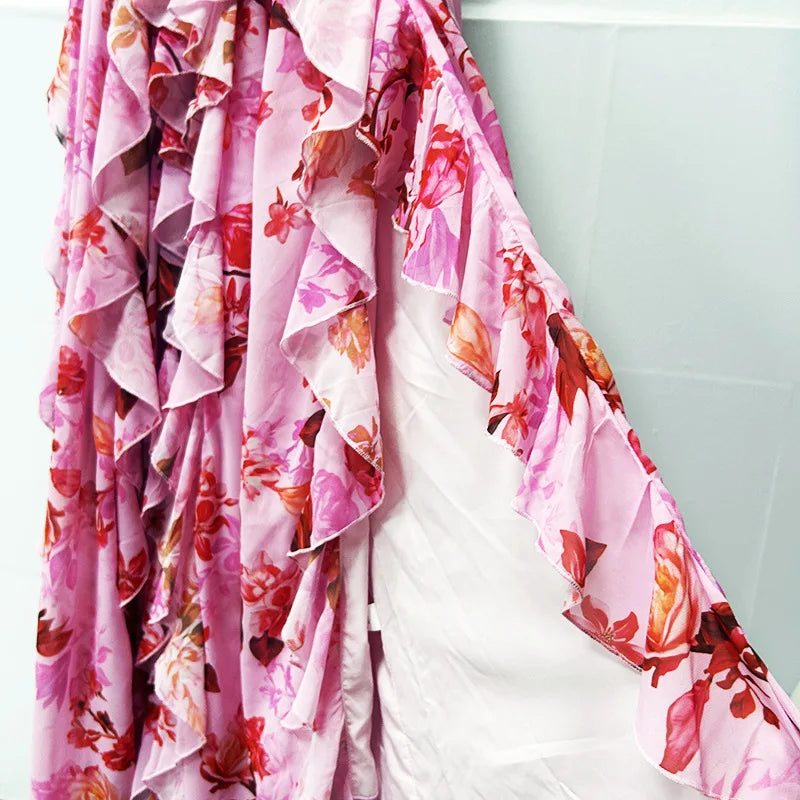 2026 Sexy Halter Floral Maxi Dress  -  Sleeveless Fit & Flare Party Gown with Ruffles