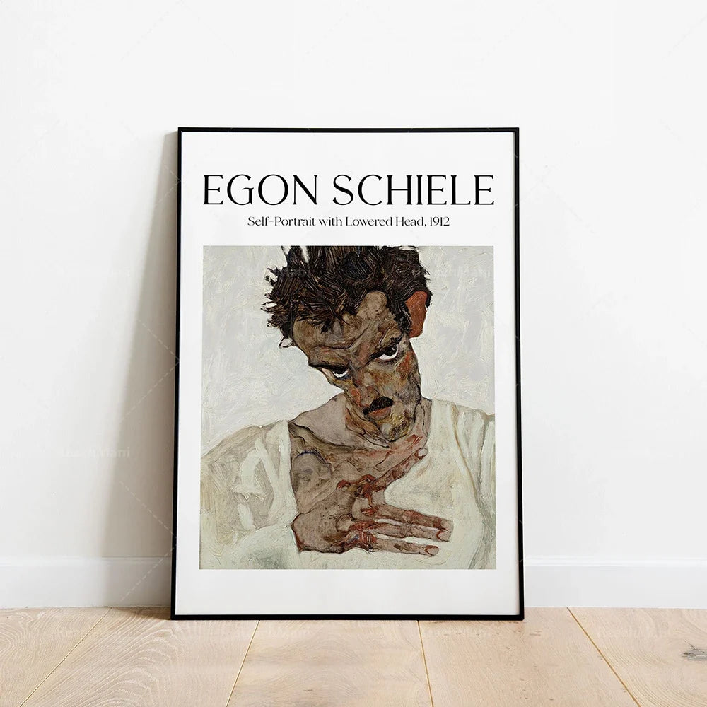 Egon Schiele - Self-portrait with head bowed, self-portrait with physalis, portrait of Dr. Hugo Kohler decorating poster