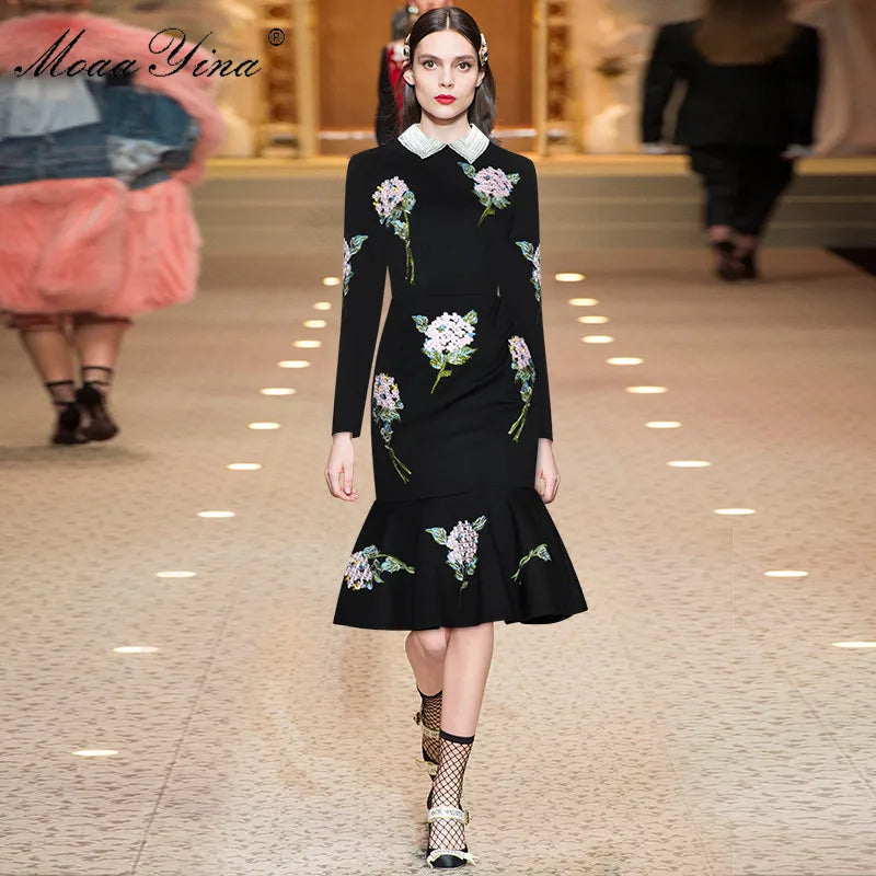 Autumn Runway Elegant Black Mermaid Dress – Beaded Turn-Down Collar, Rose Embroidery, Hot Drilling, Slim Fit Package Hip Women’s Dress