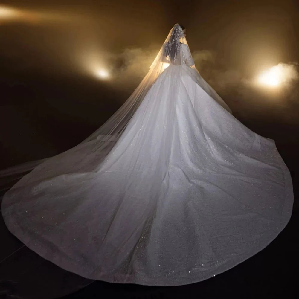 Modest High-Neck Wedding Dress – Long Sleeves with Sparkling Sequins & Beads, Custom Made