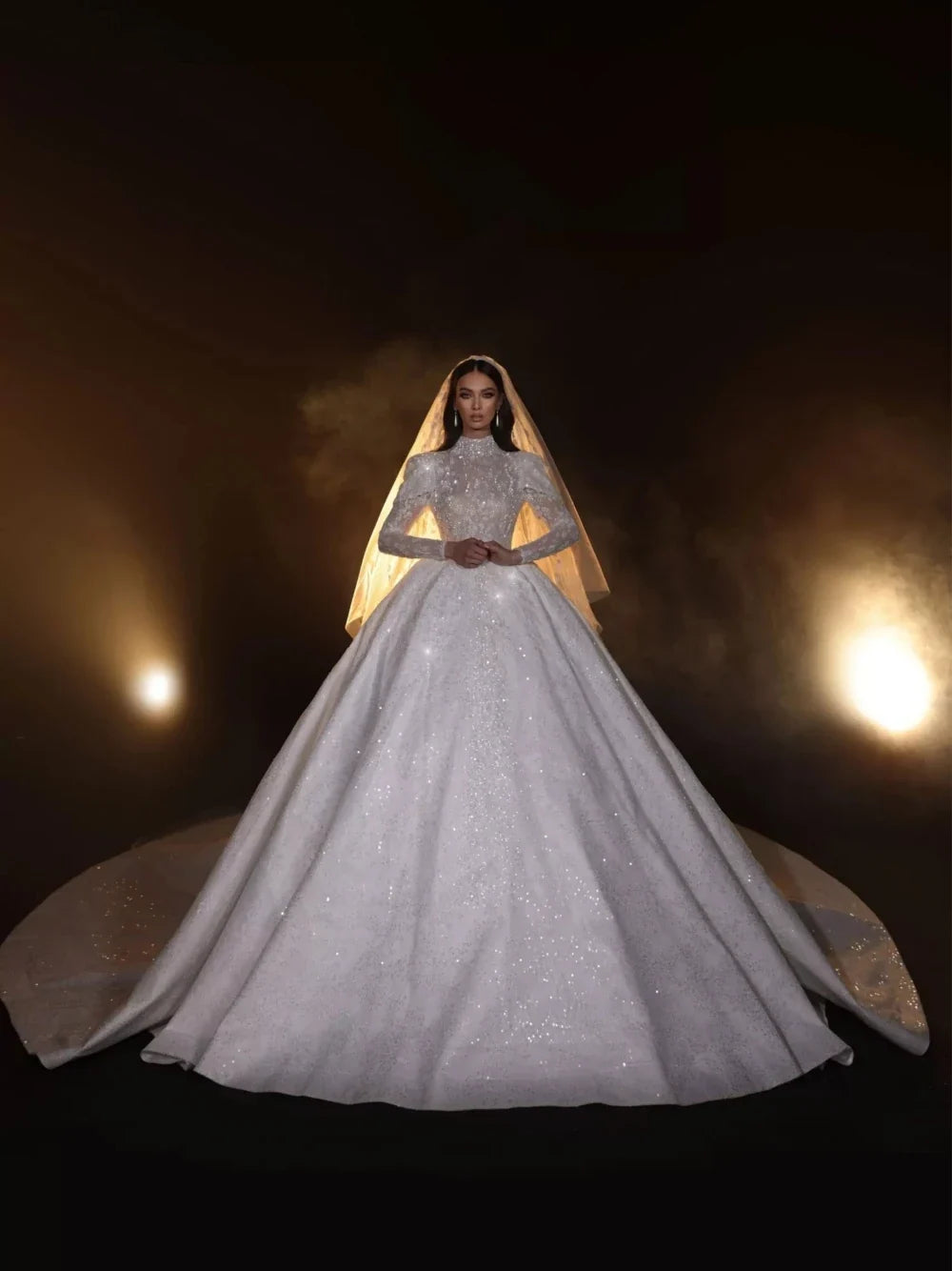 Modest High-Neck Wedding Dress – Long Sleeves with Sparkling Sequins & Beads, Custom Made