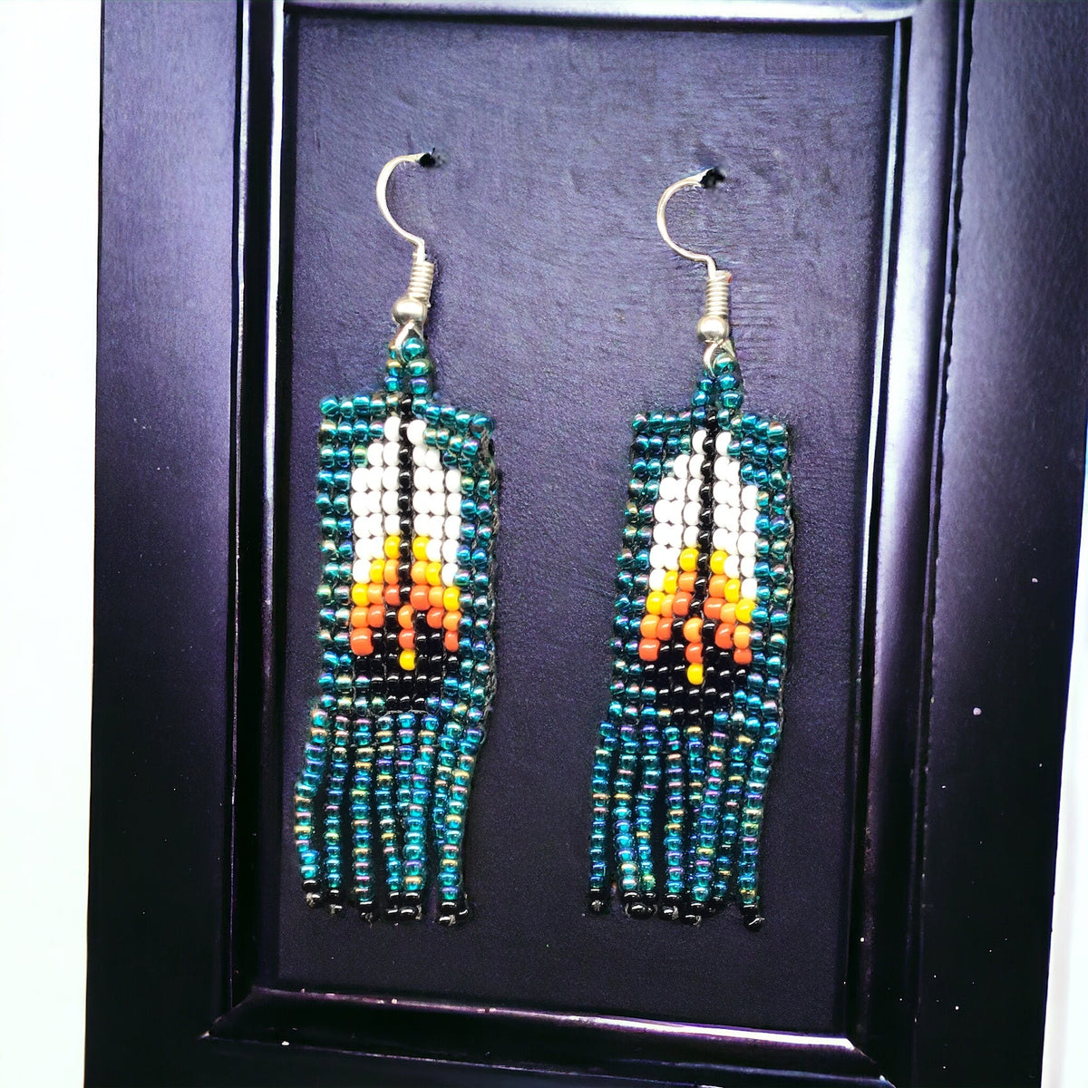 Green Beaded Feather Earrings