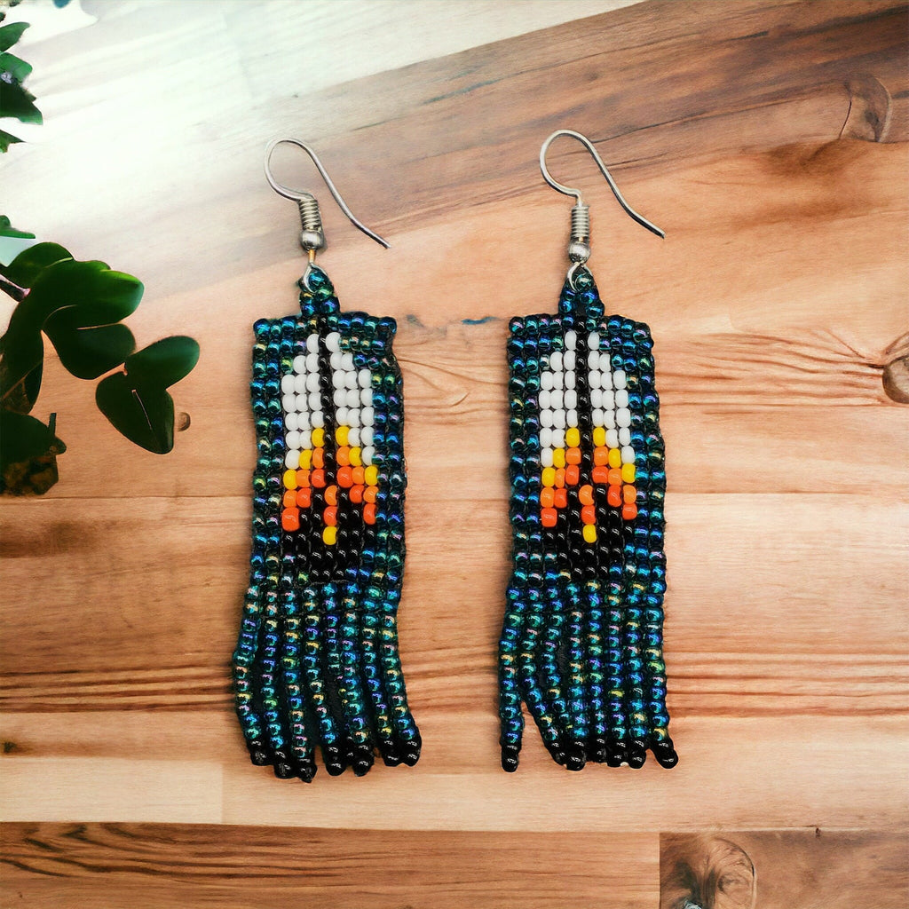 Green Beaded Feather Earrings
