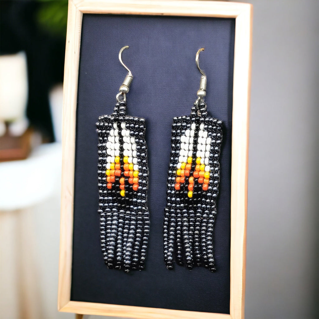 Electric Black Beaded Feather Earrings