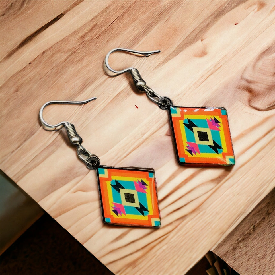 Painted Red and Green Wood Earrings with Diamond shape