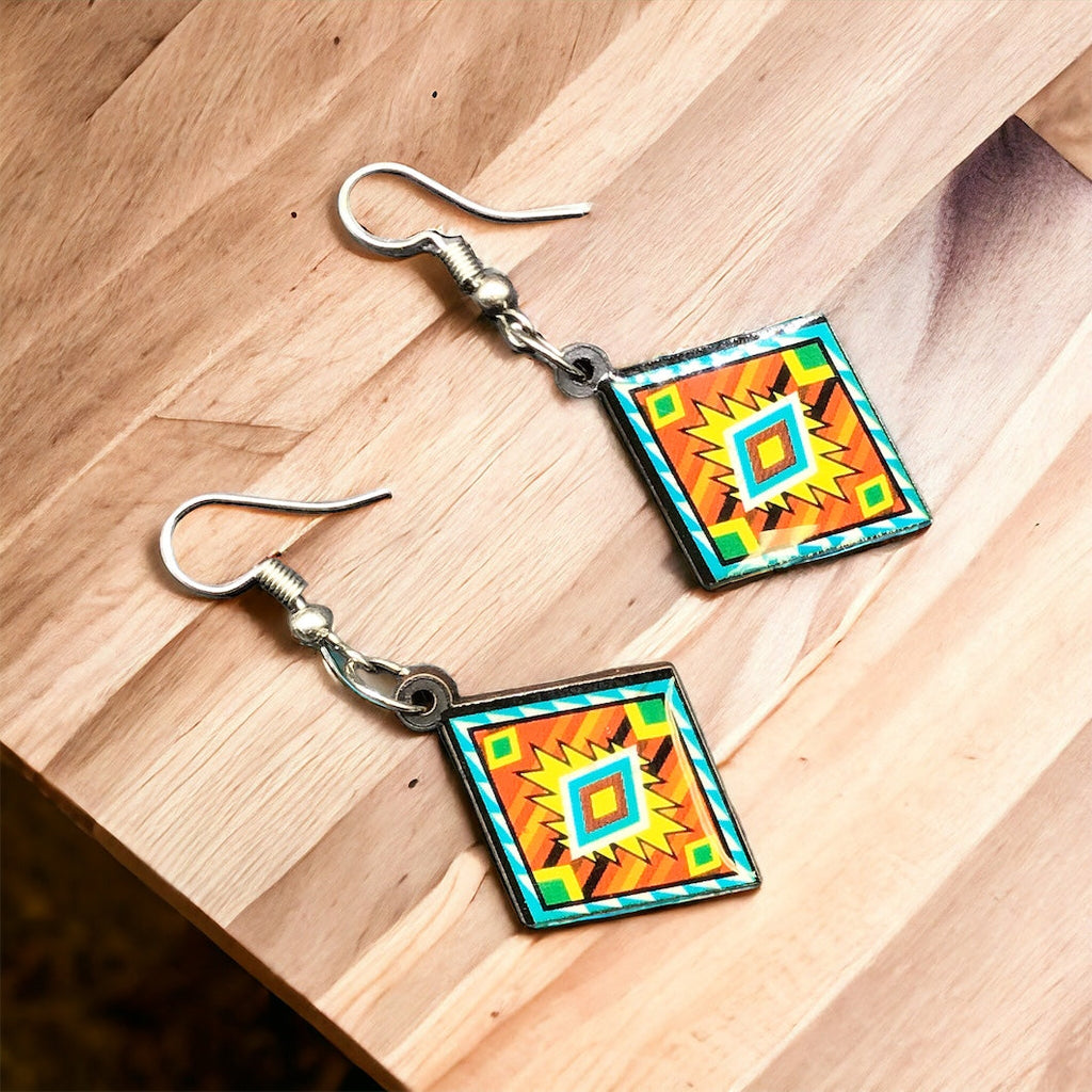 Painted Red and Yellow Wood Earrings with Diamond shape