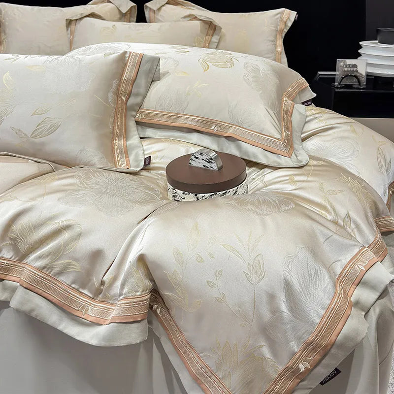 Royal Retreat Floral Jacquard Patchwork 800 TC Duvet Set - Cream