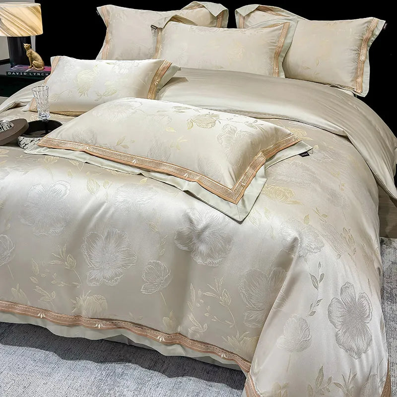 Royal Retreat Floral Jacquard Patchwork 800 TC Duvet Set - Cream