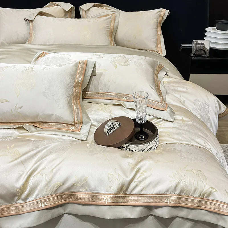 Royal Retreat Floral Jacquard Patchwork 800 TC Duvet Set - Cream