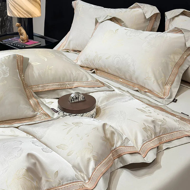 Royal Retreat Floral Jacquard Patchwork 800 TC Duvet Set - Cream