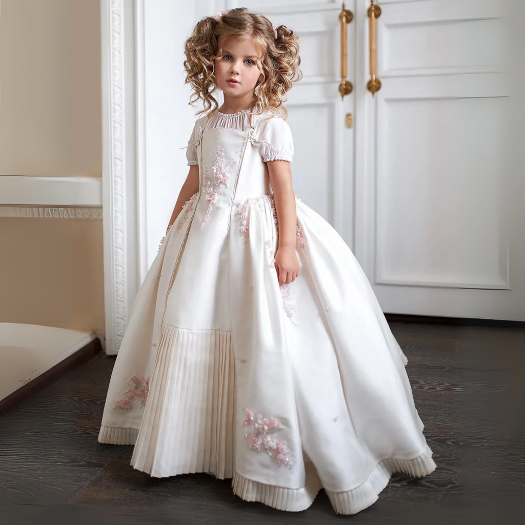 Customized Communion Ceremony Dress Boutique Girl Kid Cape Sleeve Satin with Detachable Skirt Ball Gown Formal Party