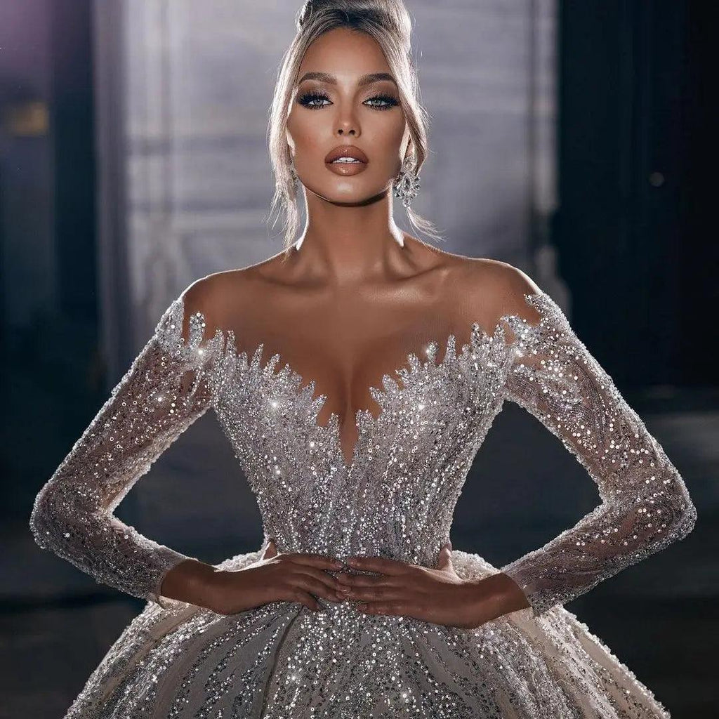 Luxury Strapless Princess Wedding Dress – Beaded Illusion Sleeves & Deep V-Neck, Custom Made