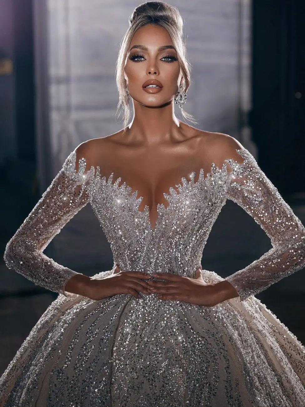 Luxury Strapless Princess Wedding Dress – Beaded Illusion Sleeves & Deep V-Neck, Custom Made