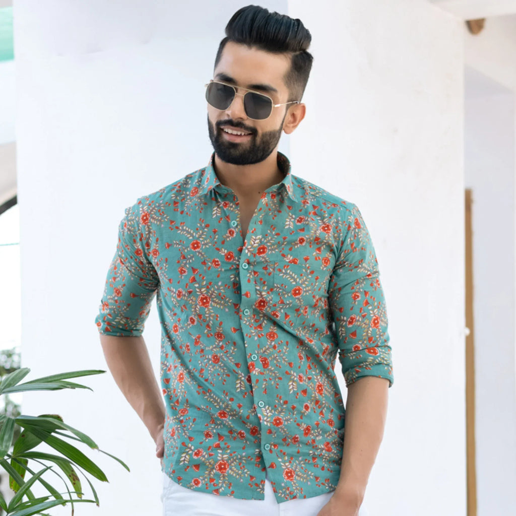 Bloomfield Printed Relaxed Fit Everyday Men's Shirt - Aqua Green