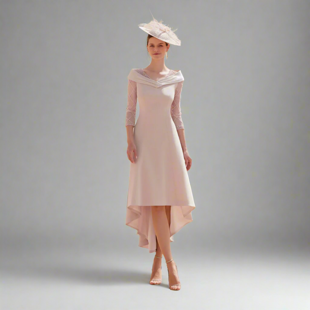 Elegant A-Line Mother of the Bride Dress – V-Neck Tea-Length Gown with Beaded 3/4 Sleeves | Wedding & Party Wear