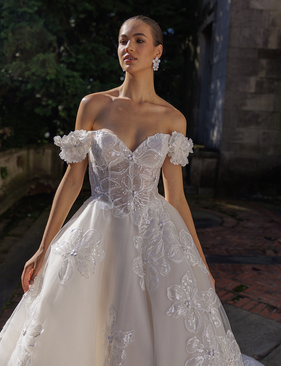 Off-the-Shoulder Ball Gown Wedding Dress – Floral Sequin Appliqués with Illusion Corset, Custom Made