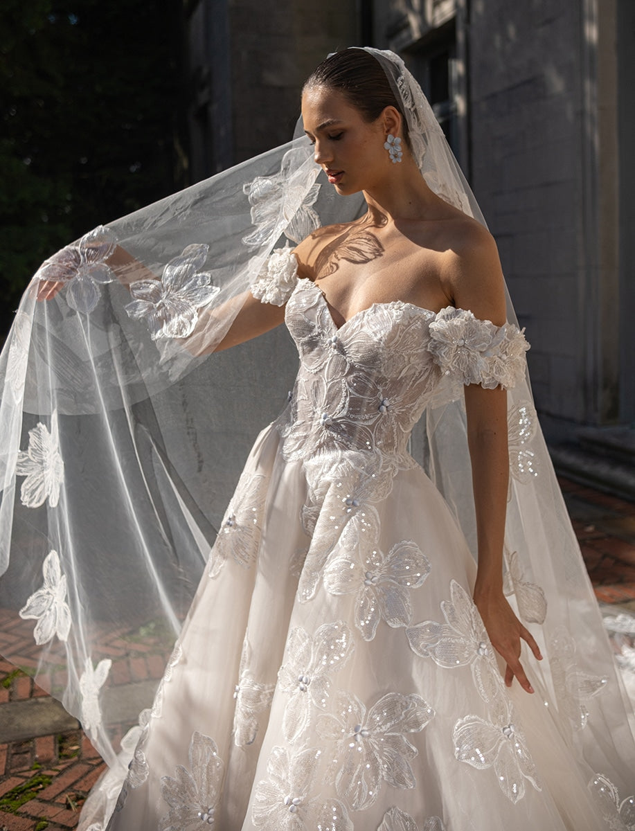 Off-the-Shoulder Ball Gown Wedding Dress – Floral Sequin Appliqués with Illusion Corset, Custom Made
