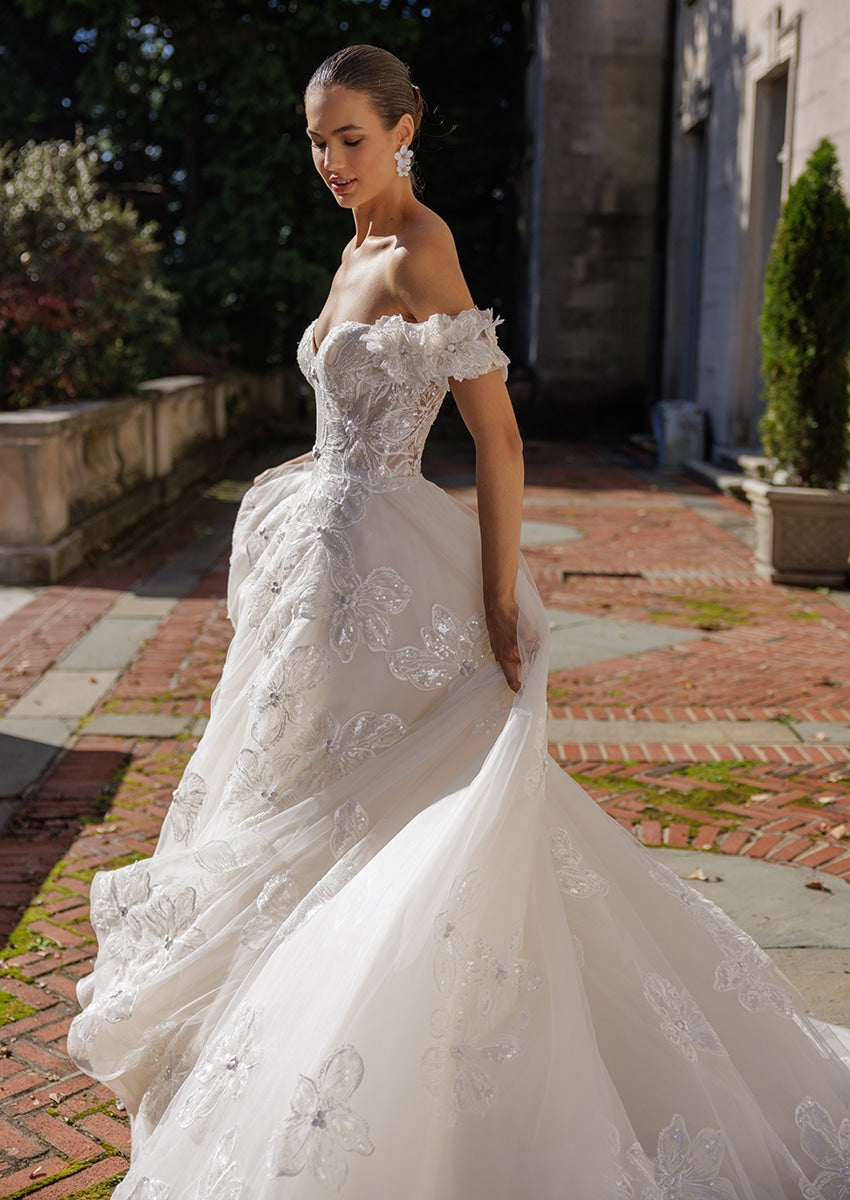 Off-the-Shoulder Ball Gown Wedding Dress – Floral Sequin Appliqués with Illusion Corset, Custom Made