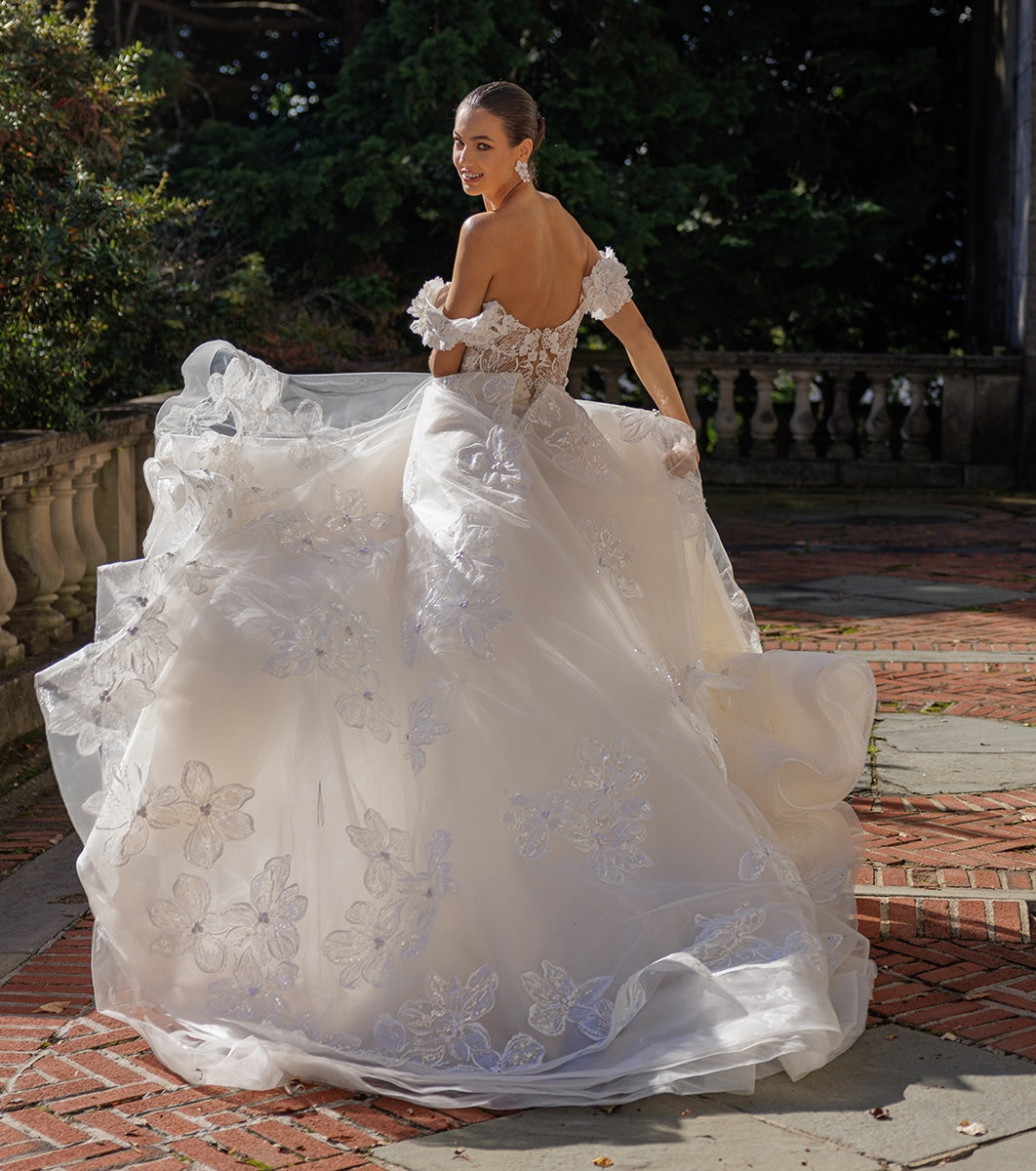 Off-the-Shoulder Ball Gown Wedding Dress – Floral Sequin Appliqués with Illusion Corset, Custom Made