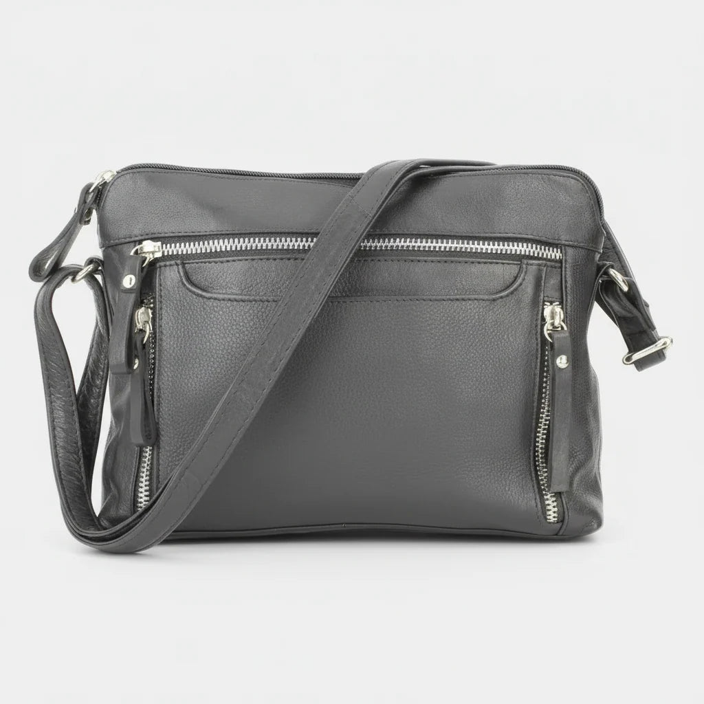 Leather Crossbody Slim Bag with Zippered Pockets & Adjustable Strap