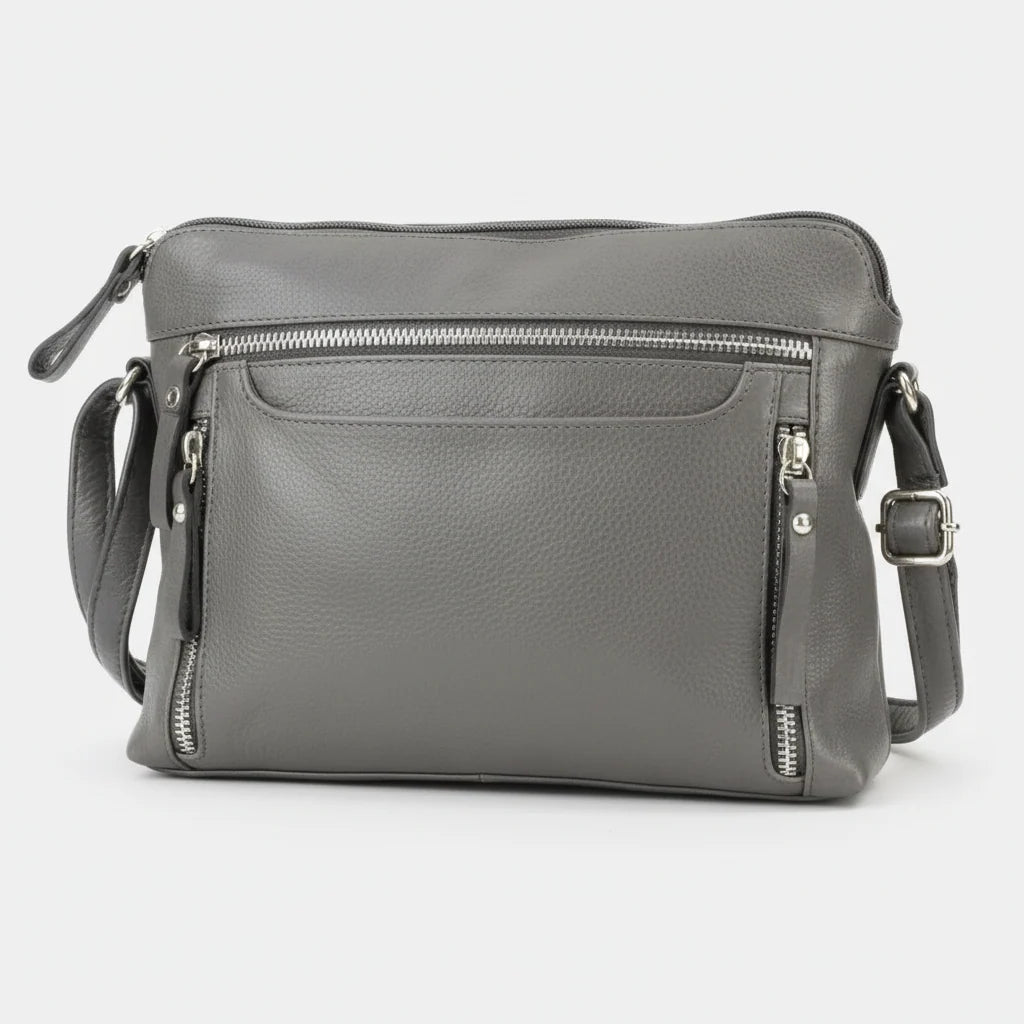 Leather Crossbody Slim Bag with Zippered Pockets & Adjustable Strap